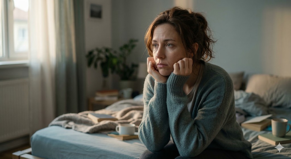Mulher pensativa sentada na cama, representando momentos difíceis que podem ser acolhidos na terapia online