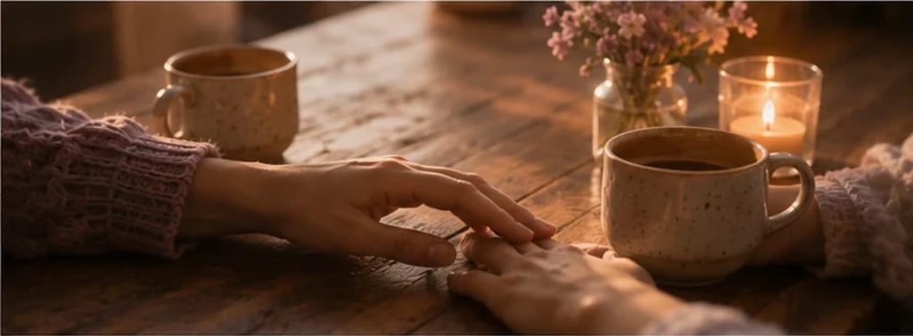 Duas xícaras de café numa mesa à luz quente, uma mão se estendendo à outra sobre a madeira — reconexão silenciosa