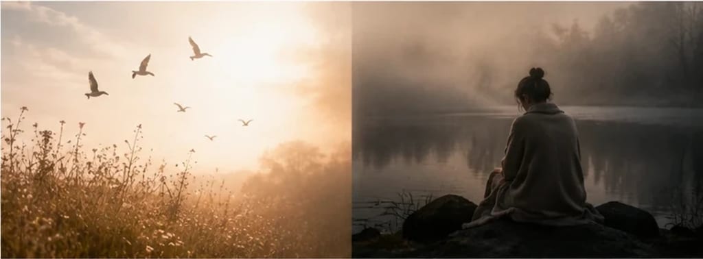 Imagem dividida pela luz: pássaros sobre um campo de um lado, quietude junto ao lago do outro — dois climas emocionais