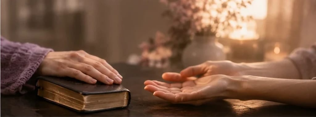 Mãos em luz suave, uma sobre uma Bíblia fechada e outra aberta e receptiva — fé e cuidado lado a lado