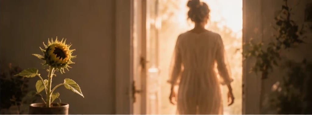 Mulher dando o primeiro passo da sombra para a luz quente, um girassol começando a se abrir — pequenos passos de coragem