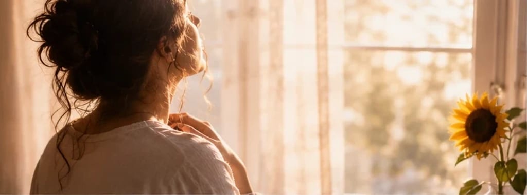 Mulher diante de uma janela iluminada respirando fundo, mão no peito — culpa sendo liberada
