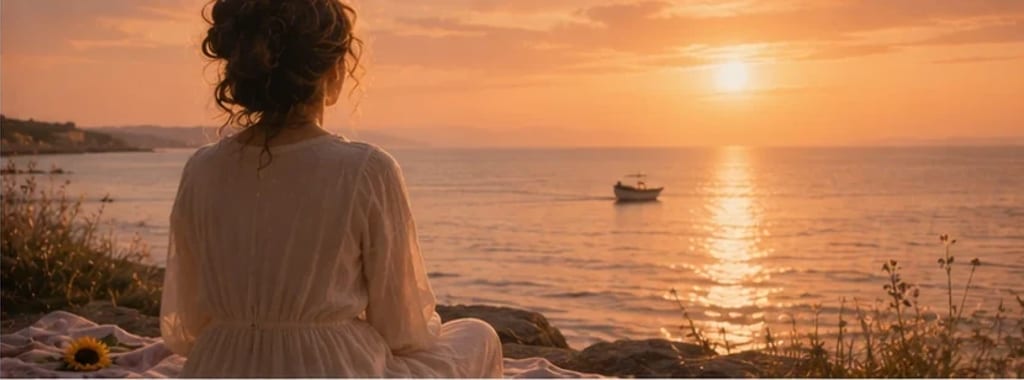 Mulher à beira-mar como um porto calmo na luz dourada, um pequeno barco rumo ao horizonte — ela ainda existe sob todo o cuidado