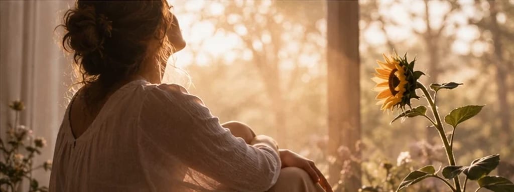 Mulher sentada na luz dourada do sol ao lado de um girassol — espiritualidade e saúde mental