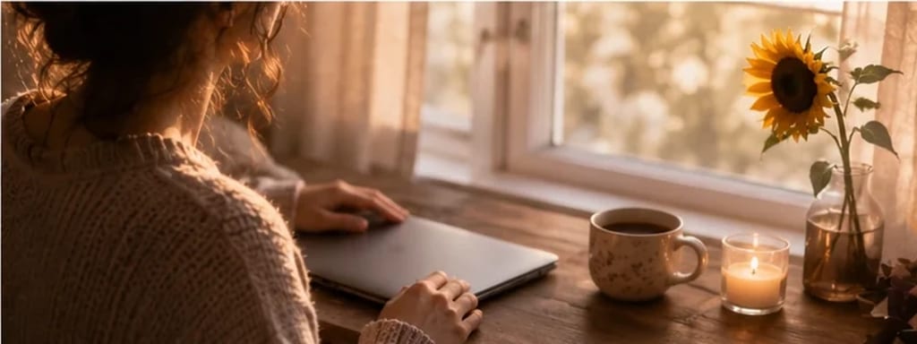 Mulher fechando o laptop e se voltando para a janela com uma vela e um chá — a pausa antes do limite