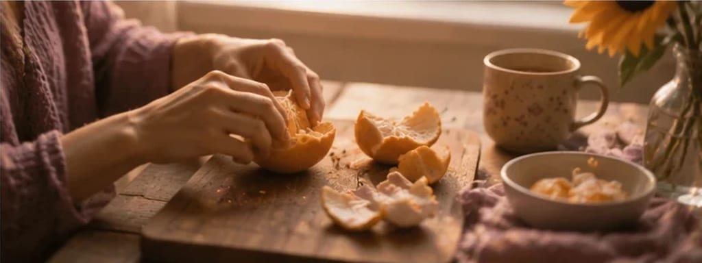 Mãos de mãe descascando uma laranja à luz quente — graça no lugar da culpa, amor no que não se vê