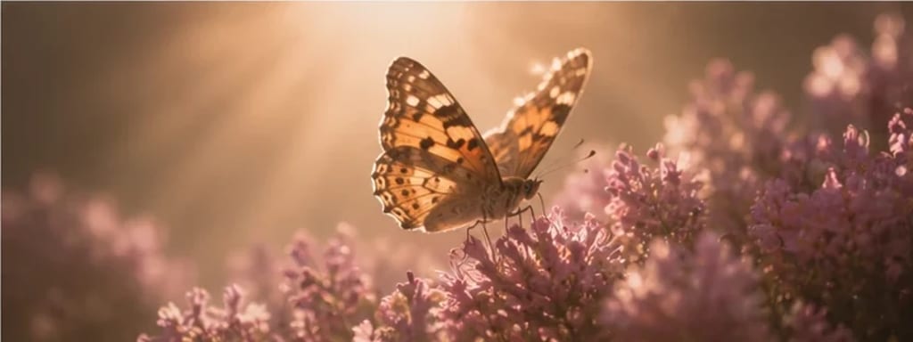 Borboleta abrindo as asas num feixe de luz junto a flores lilás — tornar-se quem você sempre foi