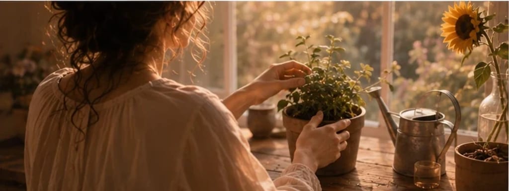Mulher cuidando de uma plantinha no vaso sob um feixe de luz — cuidar do próprio jardim em vez de forçar o outro a florescer