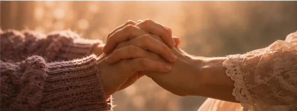 Duas mãos iguais entrelaçadas na luz suave — entrega mútua e parceria, nunca hierarquia