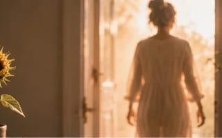 Mulher dando o primeiro passo da sombra para a luz quente, um girassol começando a se abrir — pequenos passos de coragem