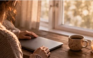 Mulher fechando o laptop e se voltando para a janela com uma vela e um chá — a pausa antes do limite