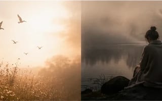 Imagem dividida pela luz: pássaros sobre um campo de um lado, quietude junto ao lago do outro — dois climas emocionais